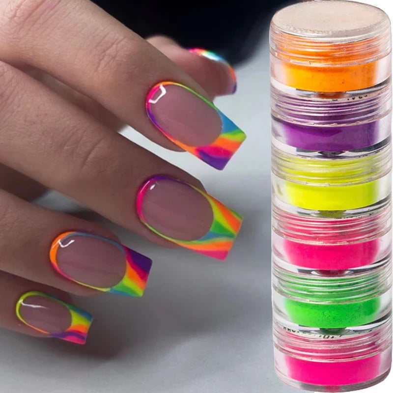 Set of six neon nail pigment powder jars